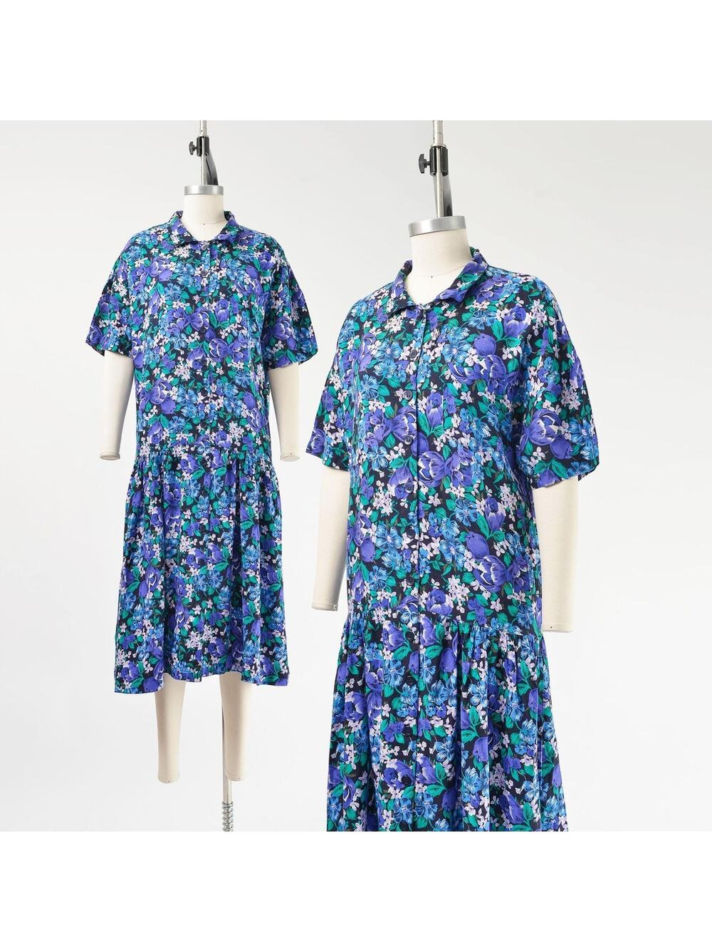 Vintage 90s Floral Loose and Relaxed Fit Dropped Waist Midi Dress M L